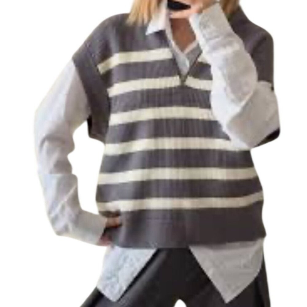 Zara Women's Small Gray & White Striped Half-Zip Knit Sweater Vest